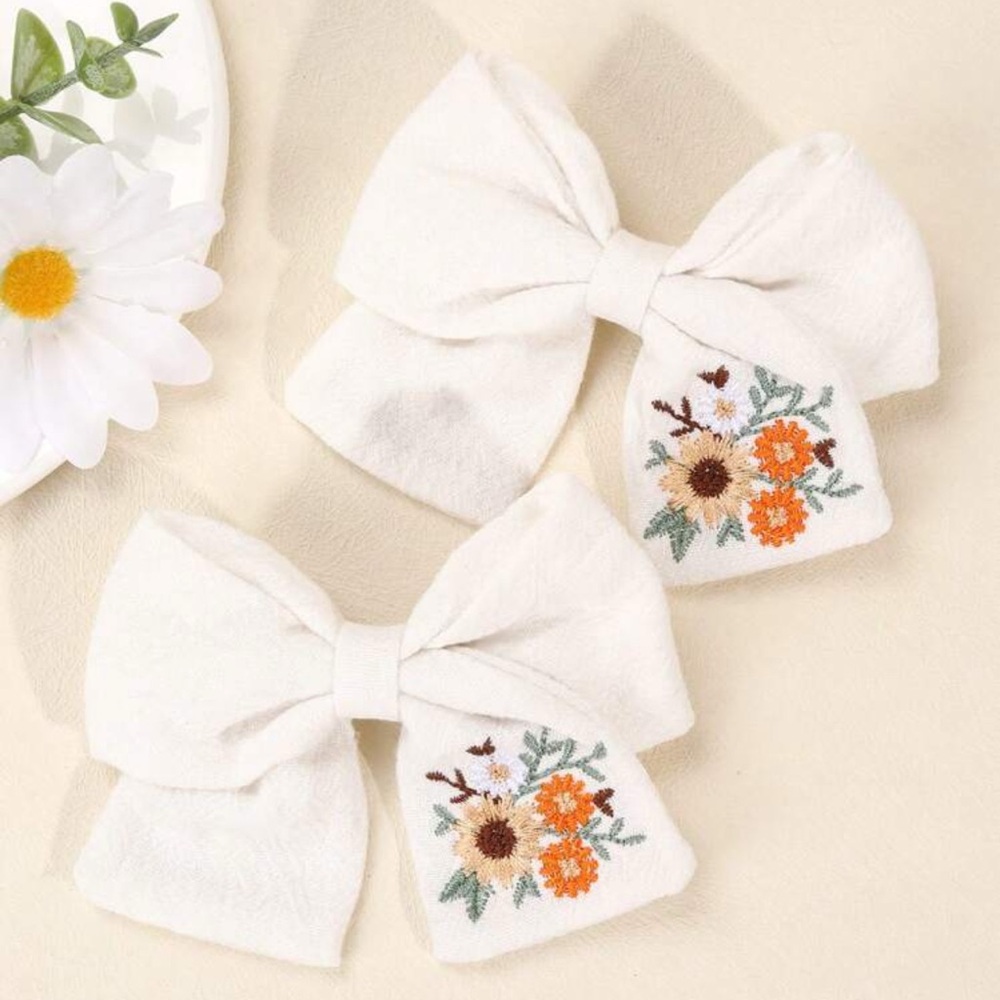 White 2pc Hair Bows with Floral Embroidery - Picture 7 of 7
